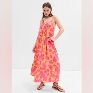 Gap Cami Tie Waist Slip Summer Beach Colorful Maxi Dress Size XS Orange Pink